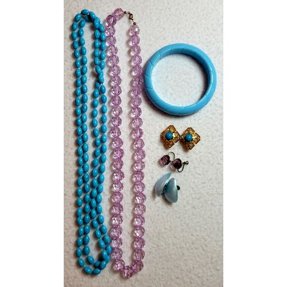 Vtg Necklace Bracelet Clip Screwback Earrings Pastel Turquoise Purple Plastic - Picture 3 of 7